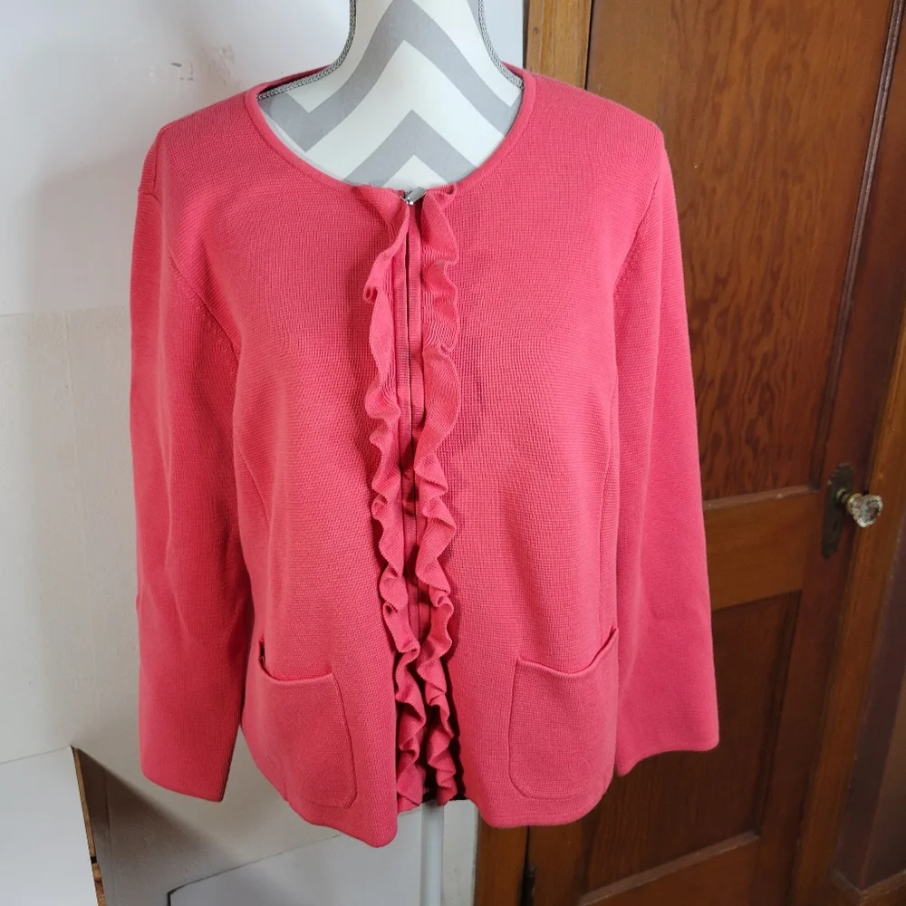 Womans Talbots Zip Front Cardigan Ruffles Cotton/Rayon Front Pockets Size XLP - Picture 2 of 9